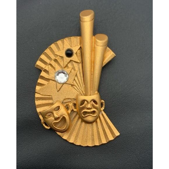 Vintage Gold Tone Theater Drama Mask Comedy Tragedy Large Brooch Rhinestones - Picture 2 of 4